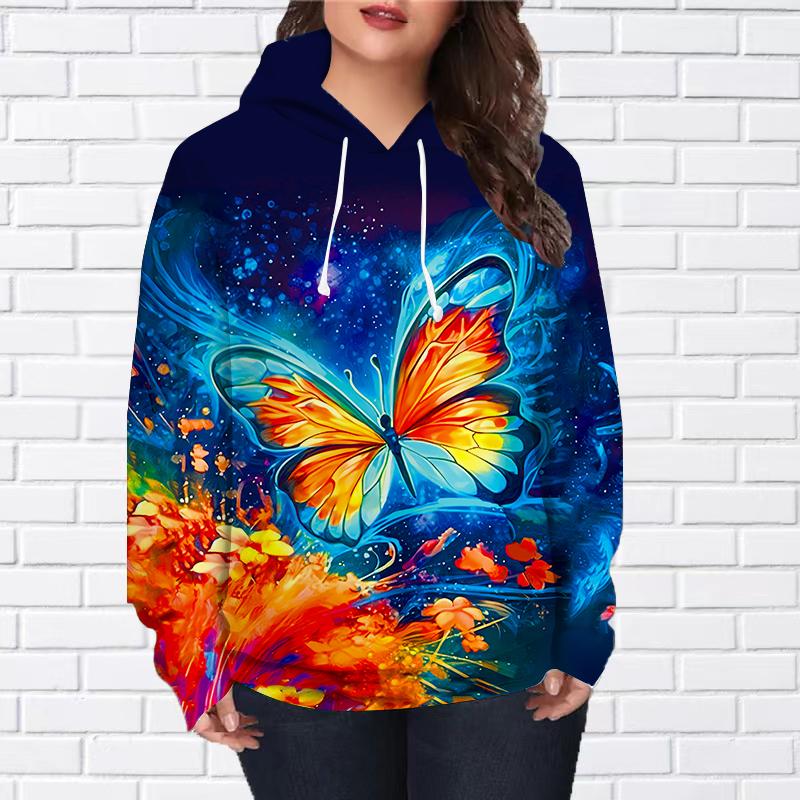 Womens Fashion Flame Butterfly Print Loose Hoodie Tops Blouse Sweatshirt Casual Long Sleeve Pullover Tops