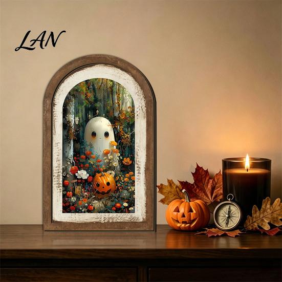Decorative Shelf Ghost Art Halloween Wall Decor, Cute Table Sign, Vintage Arch Framed Tabletop Decoration Picture, for Mantel Living Room Bedroom