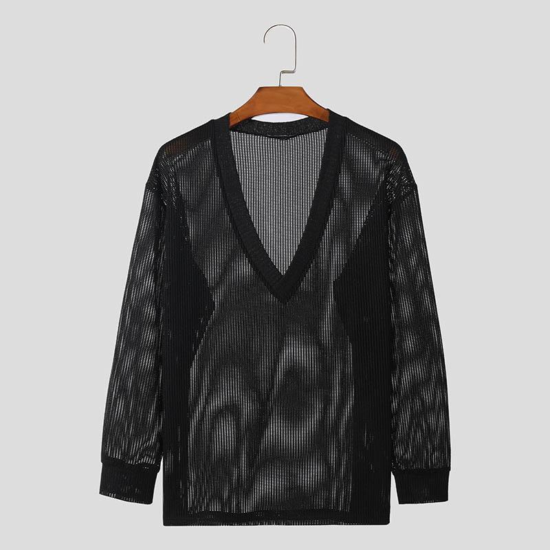 INCERUN Мужские повседневные топы с длинным рукавом и вырезом, прозрачные пуловеры