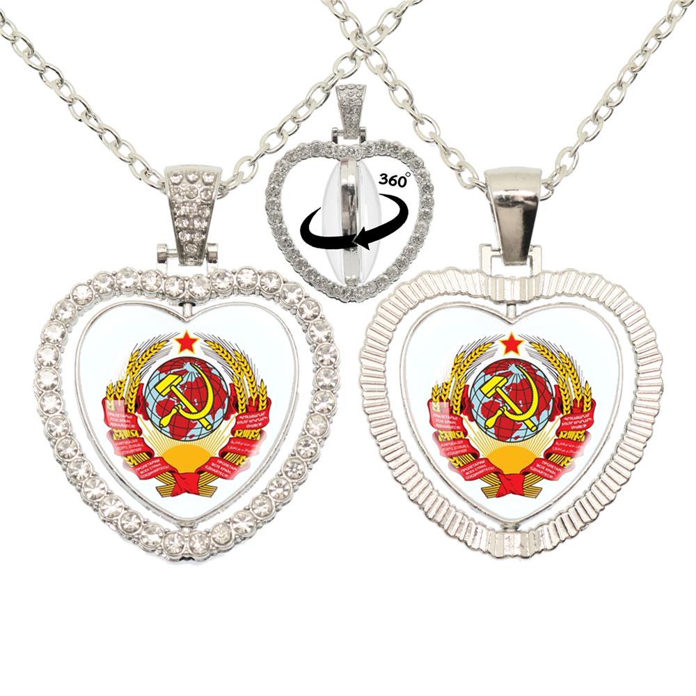 Vintage Ussr Soviet Badges Sickle Hammer Heart shaped Pendant Necklace Cccp Fashion 360 Degree Rotary Rhinestone Jewelry