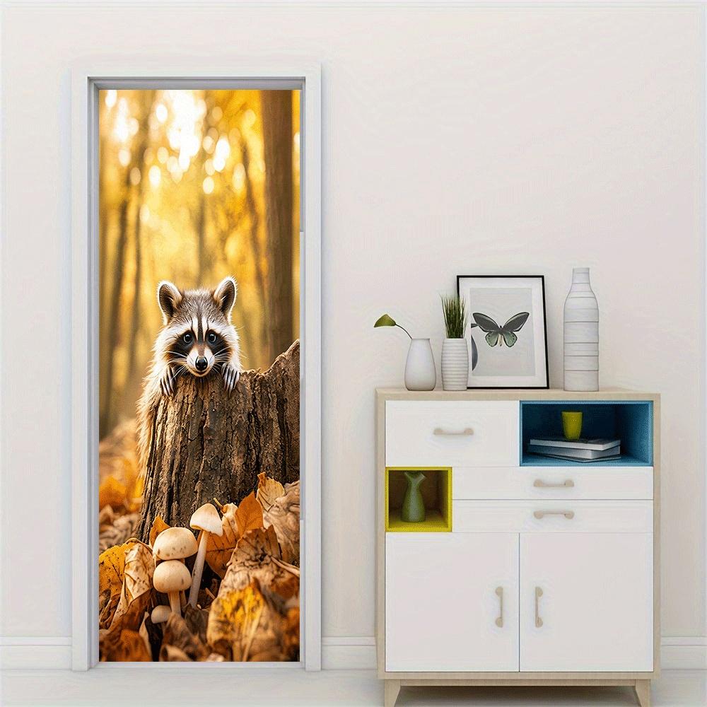 2pcs Cute Raccoon Tree Stump Mushroom Wall Stickers Autumn Forest Animal Bedroom Living Room Children's Room Decorative Stickers