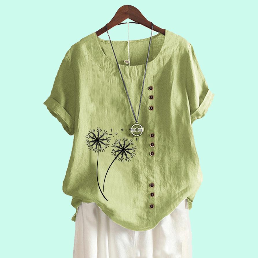 Women Casual Short Sleeved Blouse Laides Cotton Linen Top Fashion Floral Printed Loose T-shirt
