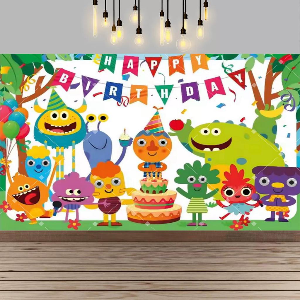 Background with Super Simple Songs, Photo Banner with Cartoon Monsters, Children's First Party Decoration, Photo booth Accessories