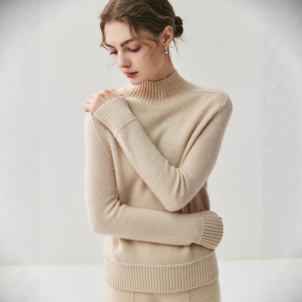Que Fei Women's Classic Cashmere Half-High Collar Sweater - Soft, Thickened, Loose Knit Base Layer
