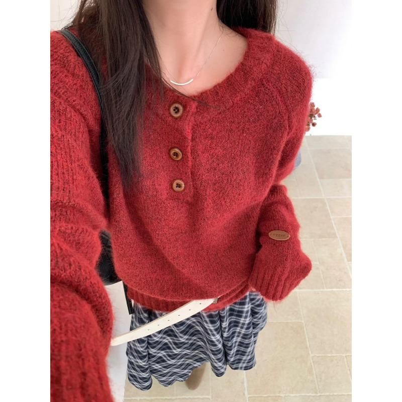 Half-open neck button sweater women's autumn and winter thickened warm large version meat cover long-sleeved age-reducing knitted bottoming top