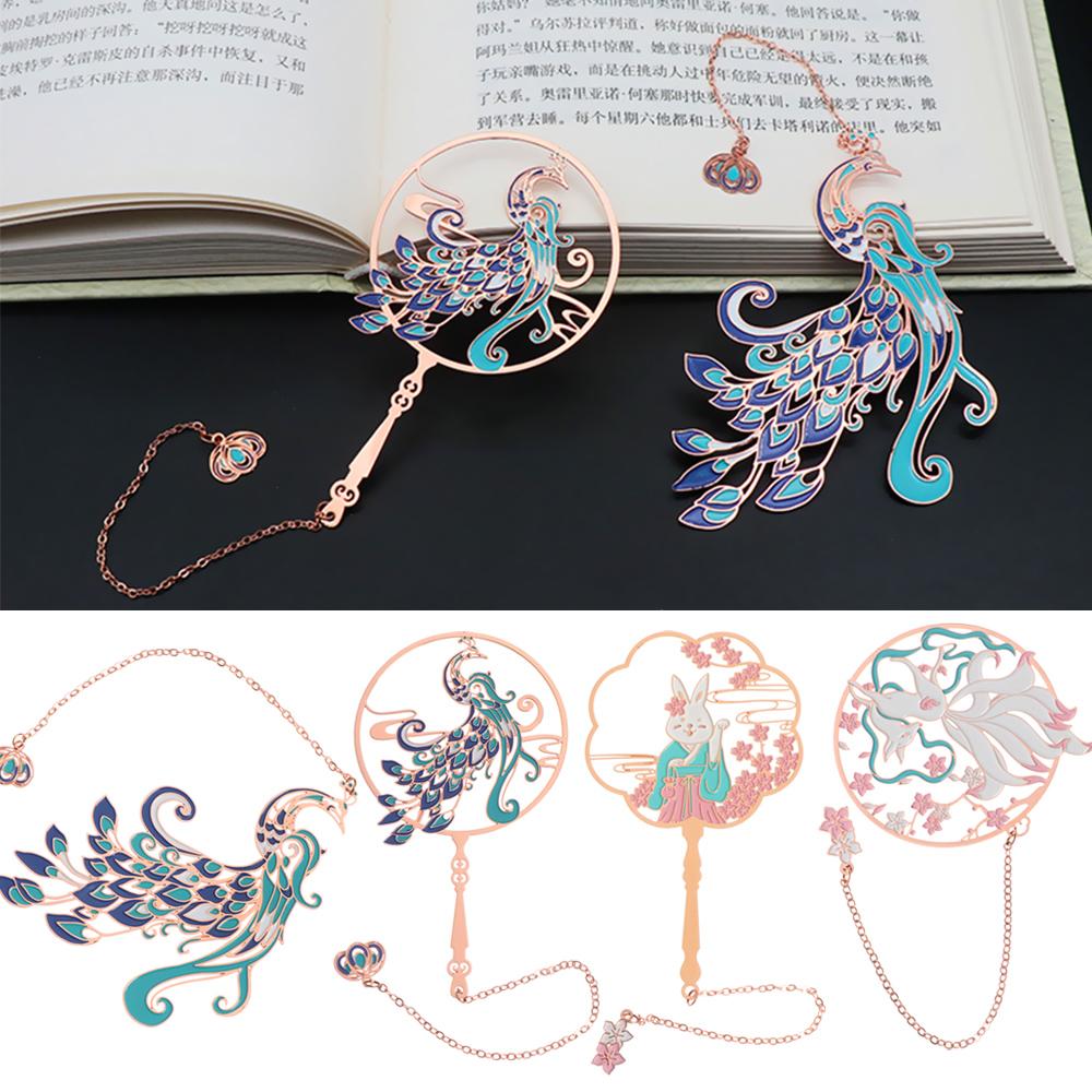 Chinese Style Koi Pendant Peacock Tassel Brass Bookmark Group Fan Shape Book Clip Pagination Mark