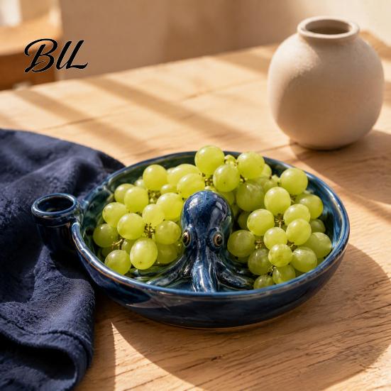 Easy Rinse Gadget Self Spinning Ceramic Berry Washing Bowl, Octopus Shape 360 Degree Vortex Fruit Strainer Colander Cleaning Colander, Integrated