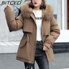 BITCED Women's Winter Mid-Length Cotton Coat with Fleece Lining, Large Fur Collar, Plus Size, Short Waist-Defining Jacket