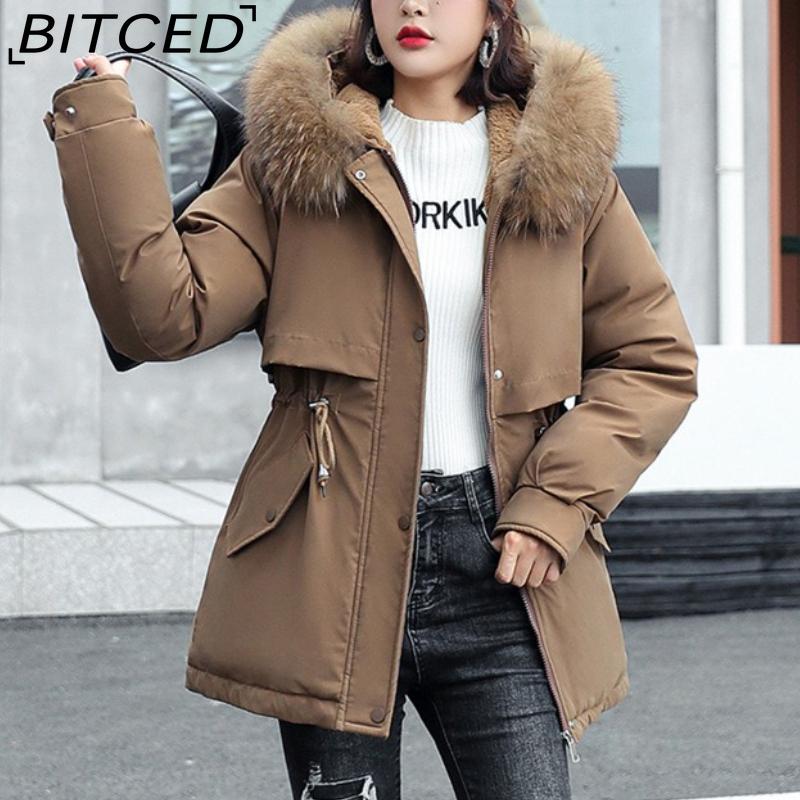 BITCED Women's Winter Mid-Length Cotton Coat with Fleece Lining, Large Fur Collar, Plus Size, Short Waist-Defining Jacket