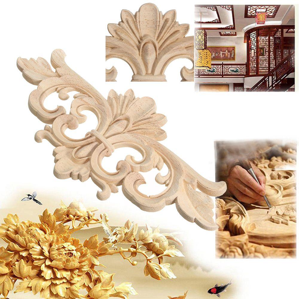 Decorative Corner Floral Wood Carved Decal Wooden Figurines Wall Doors Decoration Appliques Frame