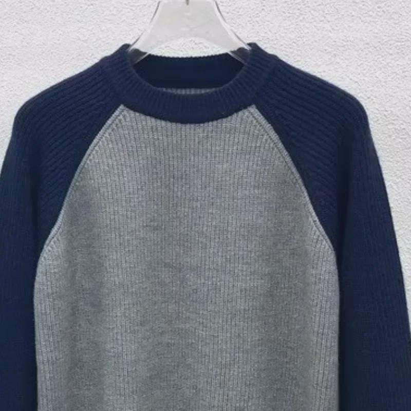 Мужской модный свитер в японском стиле контрастного цвета плотной вязки - осень/зима, круглый вырез, свободный топ с длинными рукавами