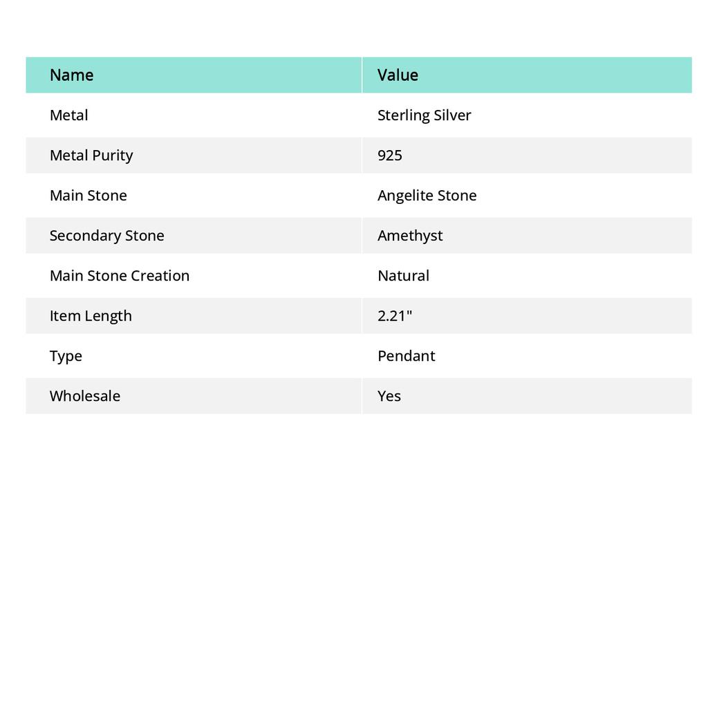 Подвеска из натурального камня ангелит, аметист, стерлинговое серебро 925 пробы, 2,21 дюйма, N3E32