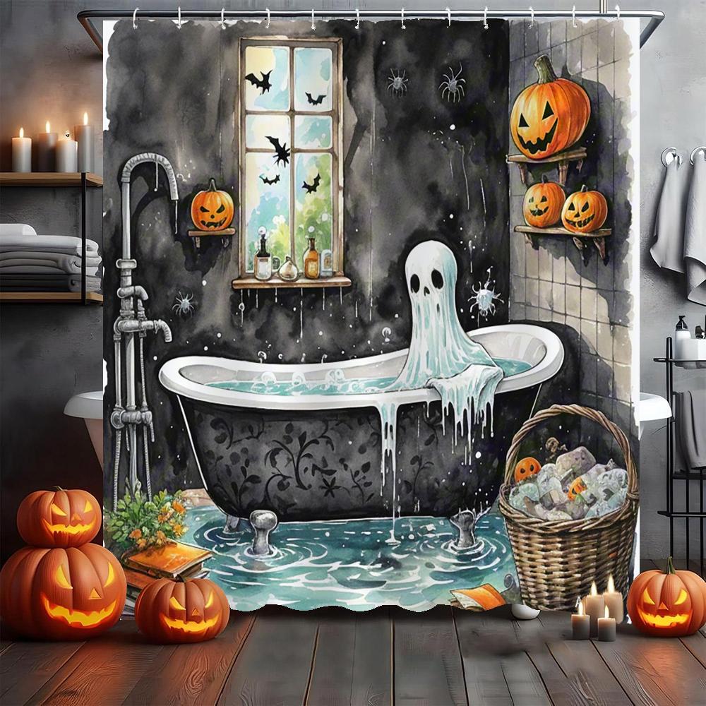 Funny Halloween Shower Curtain Waterproof Bathroom Curtain Horrible Wacky Skeleton, Ghost, Dark Style Home Decorative Curtain