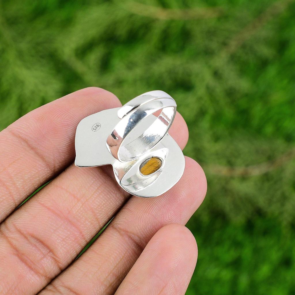 925 Silver Oval Tigers Eye Gemstone Wedding Stackable Statement Ring Jewelry