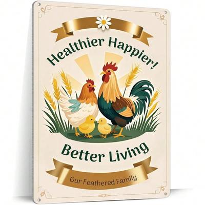 Деревенская металлическая табличка с домашней птицей, винтажный декор "Наша пернатая семья" с курицами, домашний художественный акцент для любителей фермерского и деревенского образа жизни