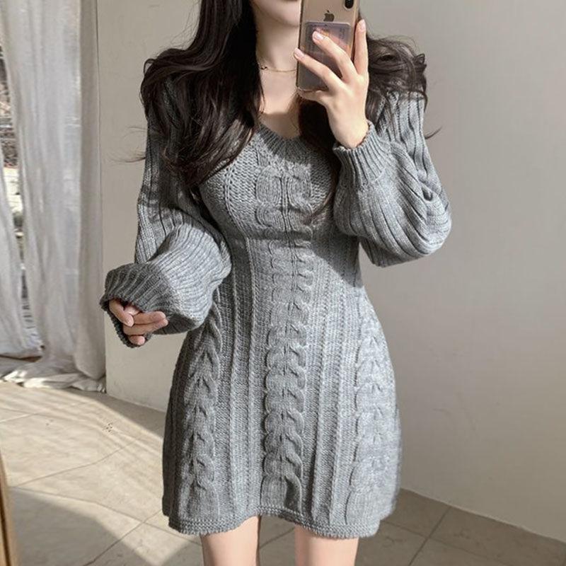 Осень-зима вязаное трикотажное платье-свитер женское винтажное повседневное однотонное тонкое мини-короткое платье с запахом и длинным рукавом вечерние