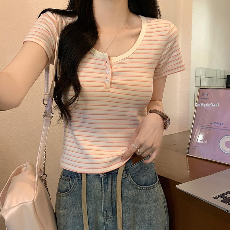 Summer 2025 Striped Slim Fit Short-Sleeved T-Shirt - Trendy American Style, Pure & Sexy Round Neck Women's Top