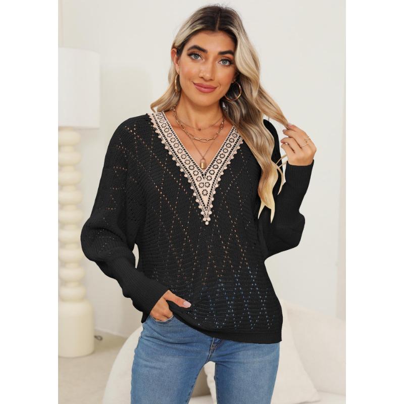 Женский свитер осень/зима с вырезом, кружевом и V-образным вырезом в стиле пэчворк с рукавами летучая мышь