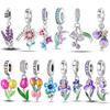 Copper Lavender Tulips Pansy Iris Charm Beads Colorful Flower Dangle Fit Original Bracelet Diy Jewelry Gift