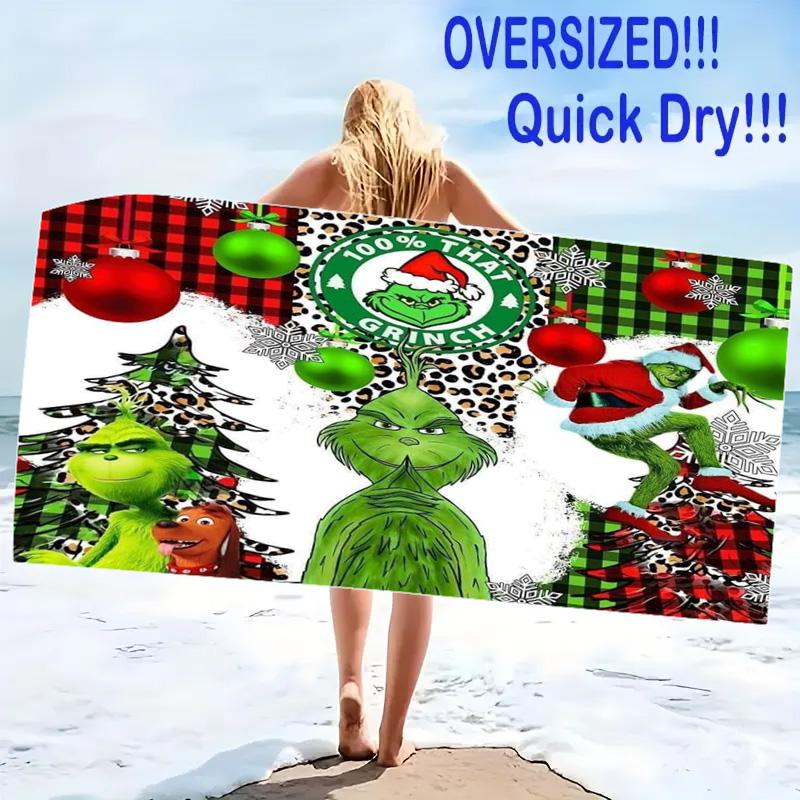 Christmas Green Monster Print Beach Towel, Large Soft Quick Dry Towel for Beach Camping Swimming