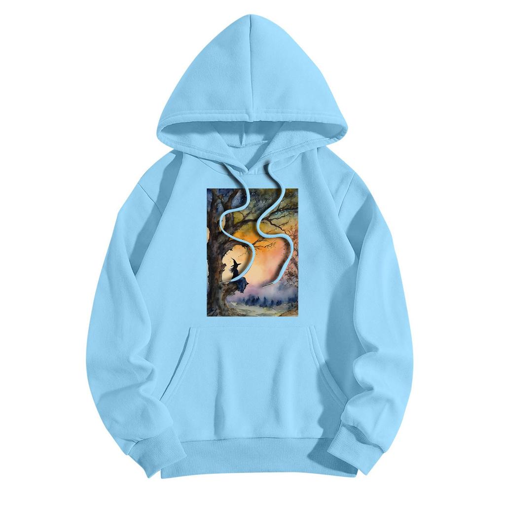 Women's Fashionable Casual Halloween Witch Print Hooded Sweatshirt With Pockets Long Sleeved Sweatshirt