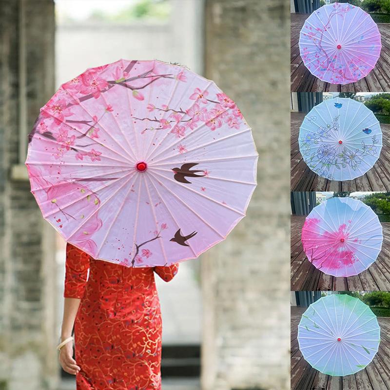 1PC Printed Photograph Props Long-handle Vintage Silk Umbrella for Hanfu Accessories Umbrella Parasol Colorful Oiled Paper