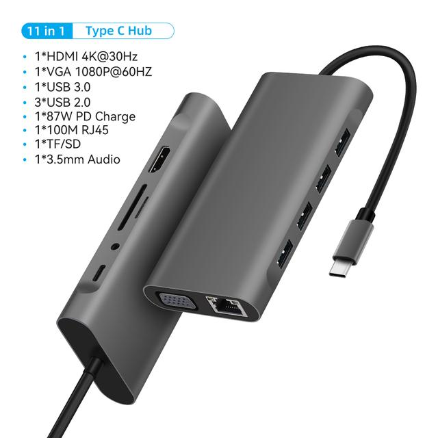Адаптер USB C HUB Type C 4K 30 Гц HDMI-совместимый VGA RJ45 Lan Ethernet SD/TF PD 87 Вт Док-станция для ноутбука для MacBook Pro Air Разветвитель USB 3.0