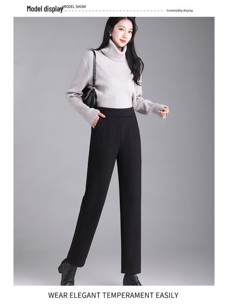 Women's High-Waisted Wool Cigarette Pants - Autumn/Winter, Warm, Versatile, Casual, Plus Velvet & Thickened.