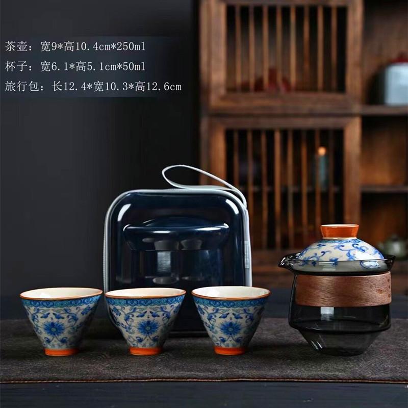 Ge kiln hand-painted travel tea set portable express cup one pot three cups company annual meeting business celebration gifts