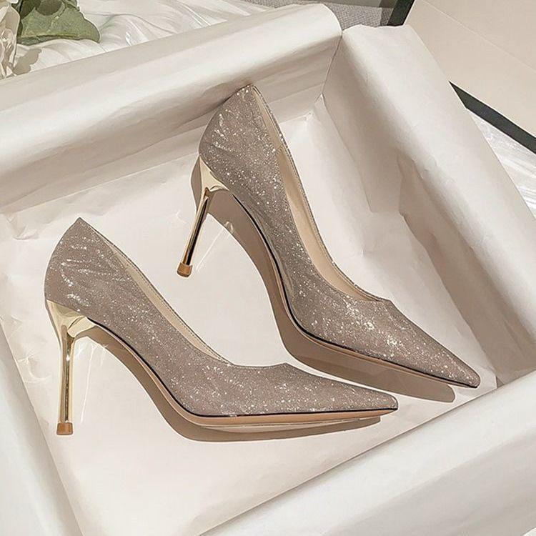 Summer New Ladies Champagne Color Main Wedding Dress Bridal Wedding Shoes New Style with Dress Banquet Pointed Toe 8cm Female Stiletto High Heels