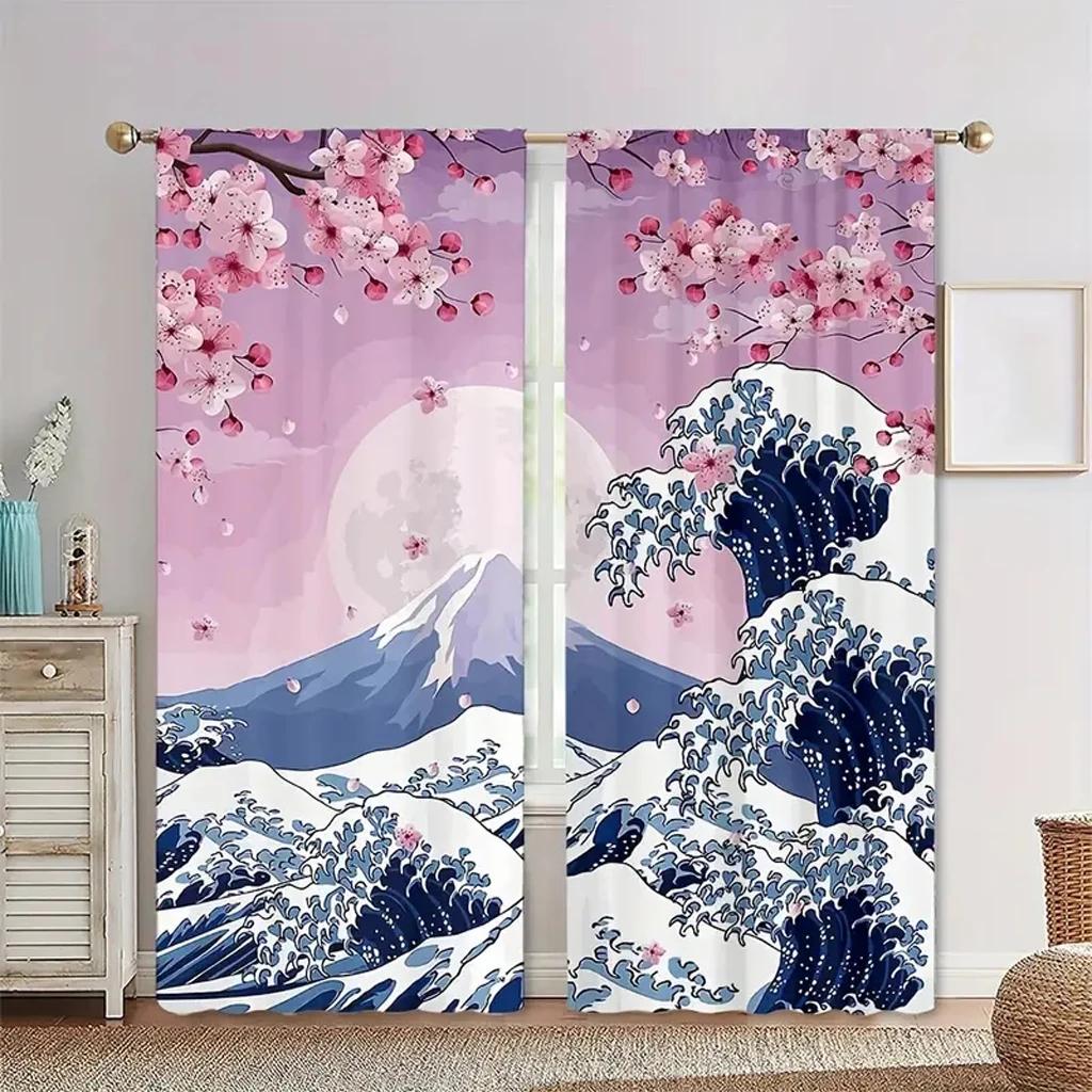 2pcs Japanese Cherry Blossom Moon Minimalist Curtains for Living Room Bedroom Modern Window Decor