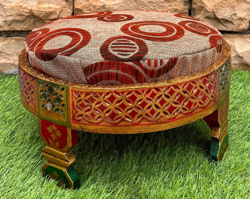 Wooden Round Side Table With Cushion-Carved Sitting Grinder Table-Wooden Bedside Central Table Art Furniture Decor-End Table Art Decor