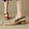 2024 New Pointed Toe Sheepskin Closed-toe Sandals Woman Buckle Square High Heel Sandals Vintage Ladies Dress Summer Shoes