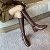 Ladies Boots Elastic Brown Middle Heel Footwear Square Toe Shoes for Women New In Designer Luxury Winter 2024 Novelty Fashion Pu