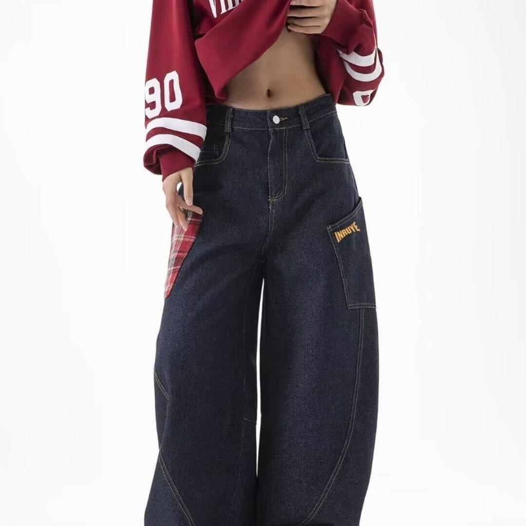 American Retro Leopard Print Patchwork Scimitar Jeans for Men - 2024 Autumn Loose Slimming Wide-Leg Pants