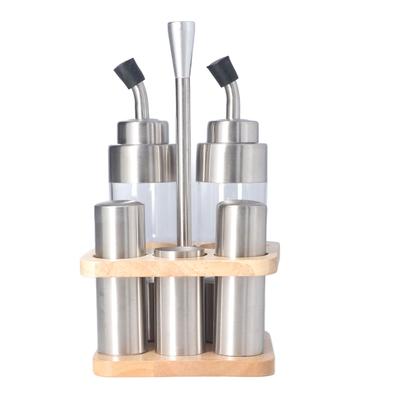 Набор бутылок для приправ с деревянной подставкой из нержавеющей стали 304, держатель для бутылок для приправ на кухонный стол