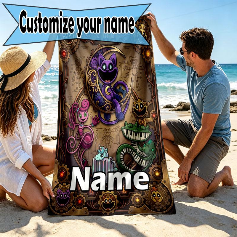 Custom Name Personalized Poppy Playtime Print Beach Towel, for Trip Camping Beach Party Home Decor, Birthday Gift for Family & Friends