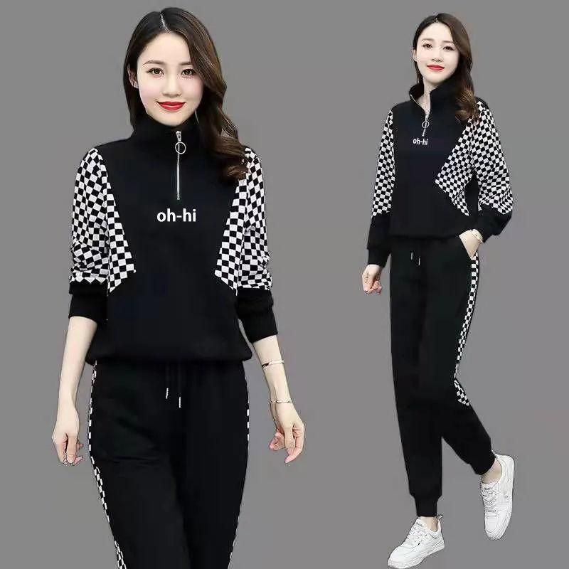 Women's Spring and Fall Plus Size Casual Sportswear Suit High Collar Long-sleeved Half-zipper Top + Drawstring Pants Two-piece Set