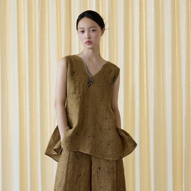 Осенний безрукавный топ из льна с пятнистой текстурой, вдохновленный оригами