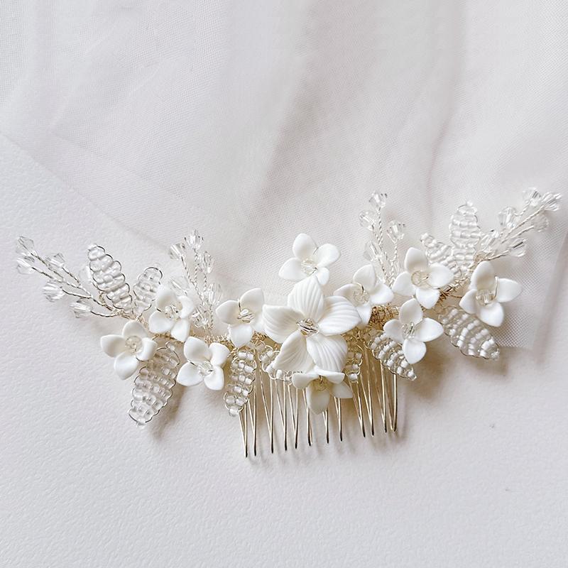 Stock Ceramic Flower Blossom Bridal Hair Comb Clay and Crystal Decorated Hair Accessories for Weddings
