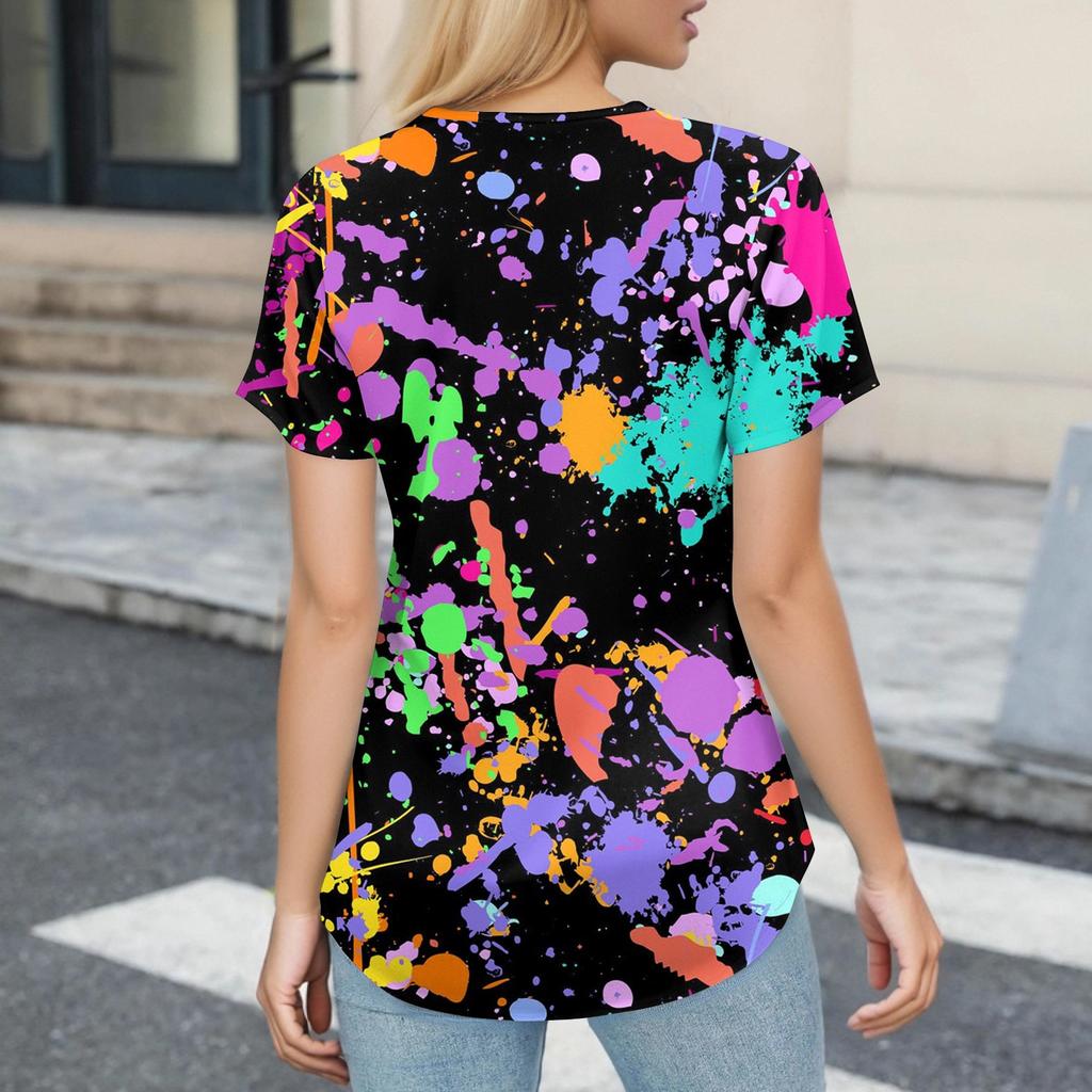 Plus Size Printed Scrub Working Uniform Tops For Women's V-Neck Short Sleeve Fun T-Shirts Workwear Tee With Pockets