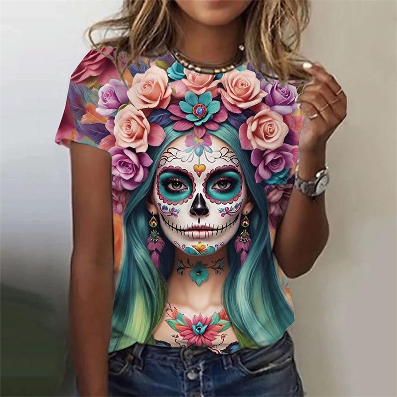 Summer Round Neck 3D Skull Printed Top Fashionable Casual Short Sleeved Women's T-shirts