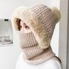 Winter Ladies Hat with Scarf Knitted Thick Plush-lined Windproof Pom-pom Hat Full Protecting Cycling Outdoor Cap Elastic Headwear