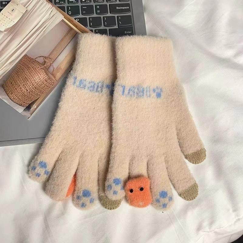 Перчатки зимние женские милые бархатные теплые для холодной погоды с сенсорным экраном мягкие для девочки для велоспорта для студентки с пятью пальцами для верховой езды осень и зима