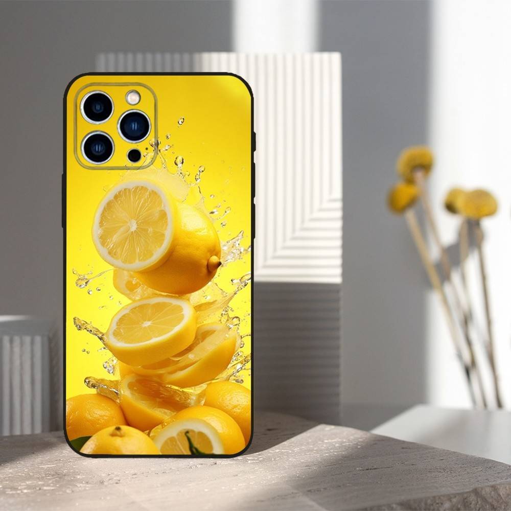 Fruit Art lemon Phone Case For iPhone 15,14,13,17,16,12,11,Plus,Pro Max,XS,X,Mini,8,7,XR,SE,Soft Silicone Black