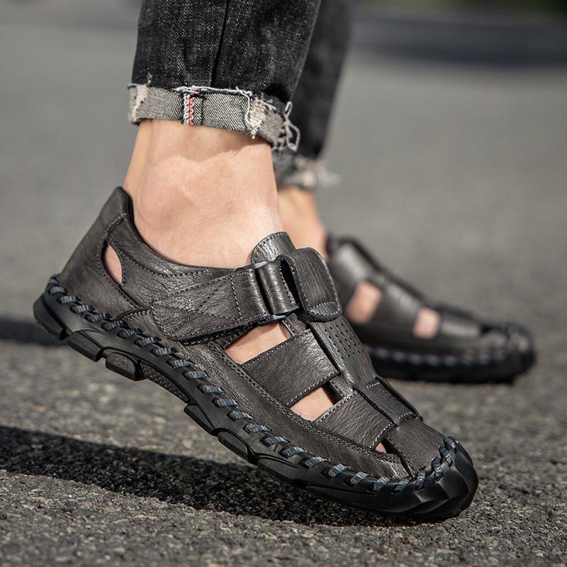 Plus Size Hand Stitching Men Genuine Leather Hollow Out Beach Sandals