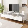 Modern TV cabinet 180 x 40 x 50 cm with LED lighting, white body, golden metal feet, glass front & storage space – stylish lowboard for living room