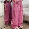 Pink Drawstring Baggy Y2K Cargo Pants Women Elastic Waist Waist Mopping Sweatpant Trousers Vintage Street Wide Leg Jeans