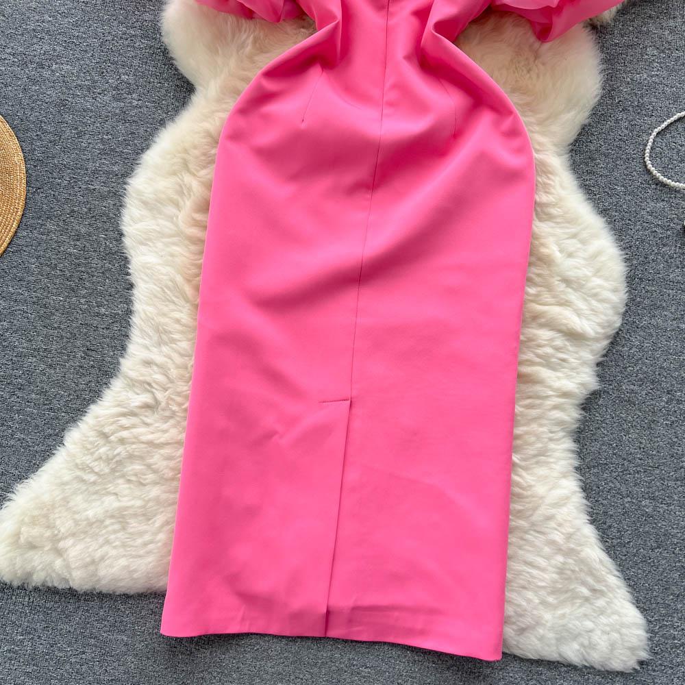 Women High Quality Beading Party Dress Summer Puff Short Sleeve Feather Design Slim Sundress French Vintage Split Midi Pencil Dress