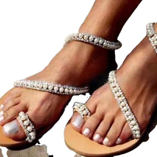 2024 лето новые сандалии на плоской подошве с жемчугом женские пляжные туфли большого размера